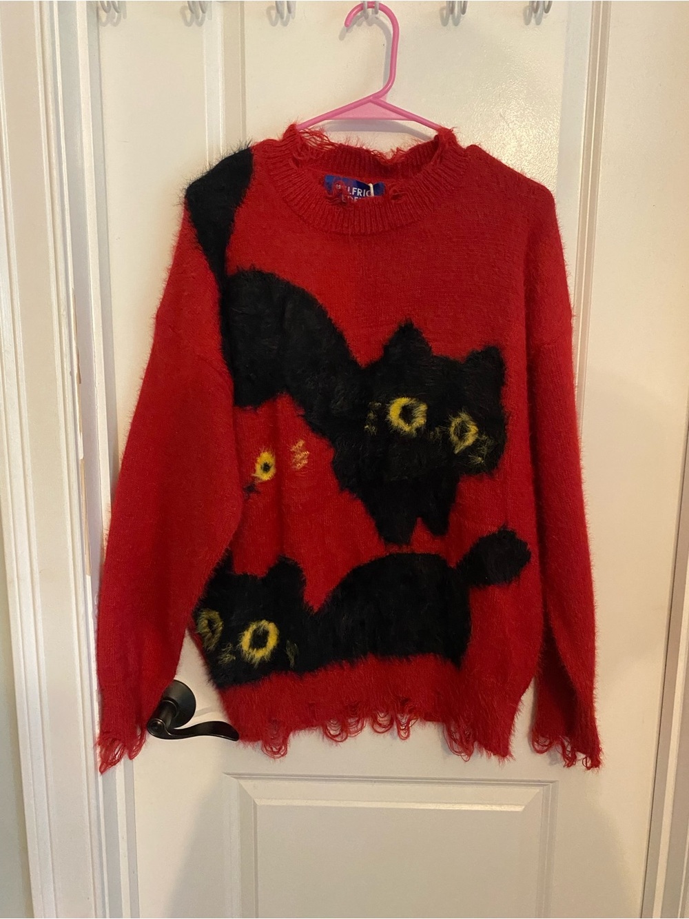 NWT Aelfric Eden Red Fuzzy Sweater with Black Cat Graphics